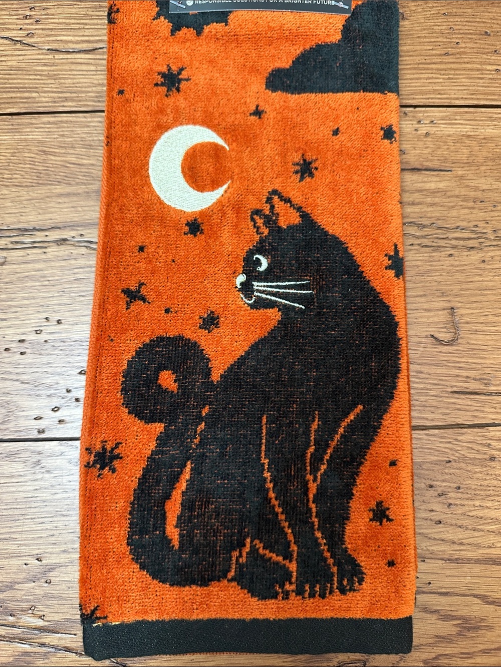Orange Black Cat Hand Towel - Decorative Halloween Bath Accent